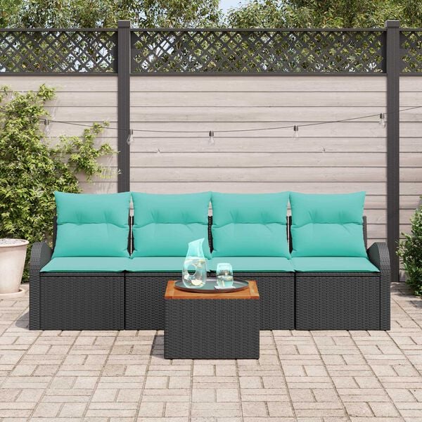 vidaXL 5 Piece Garden Sofa Set with Cushions Black Poly Rattan Acacia