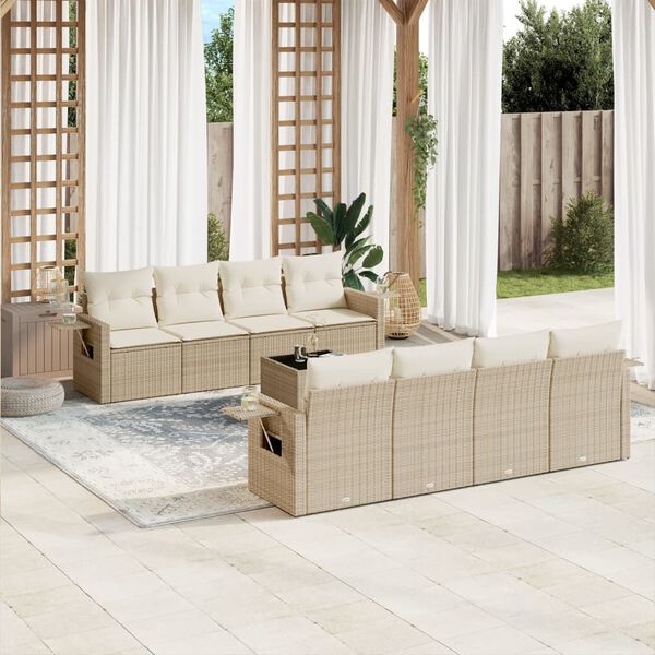 vidaXL 9 Piece Garden Sofa Set with Cushions Beige Poly Rattan