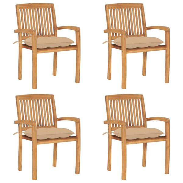 vidaXL Stacking Garden Chairs with Cushions 4 pcs Solid Teak Wood