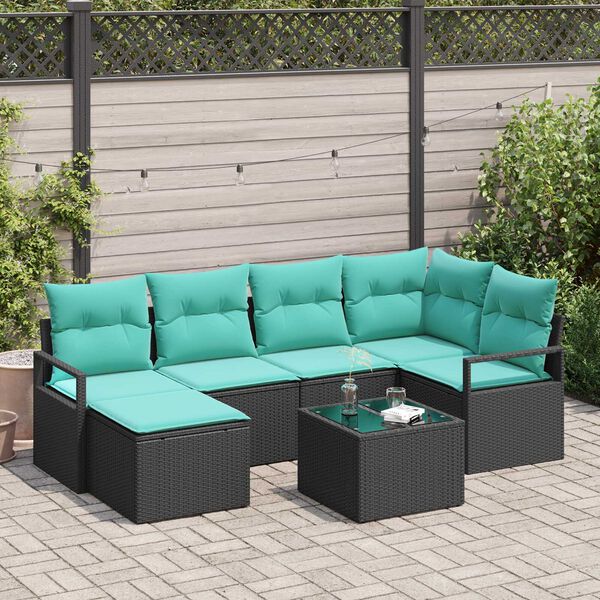 vidaXL 7 Piece Garden Sofa Set with Cushions Black Poly Rattan