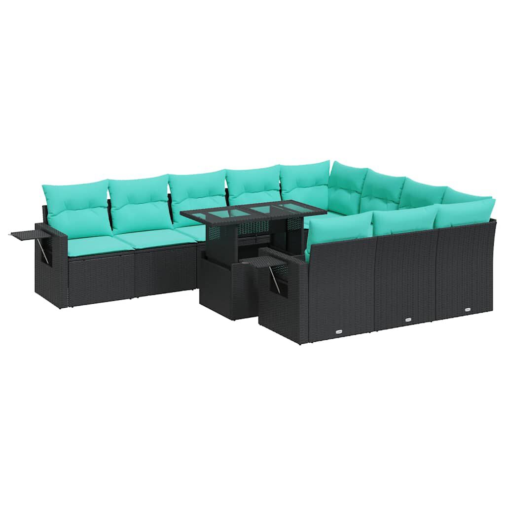 vidaXL 11 Piece Garden Sofa Set with Cushions Black Poly Rattan Acacia
