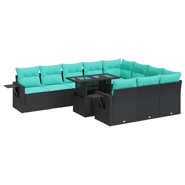 vidaXL 11 Piece Garden Sofa Set with Cushions Black Poly Rattan Acacia