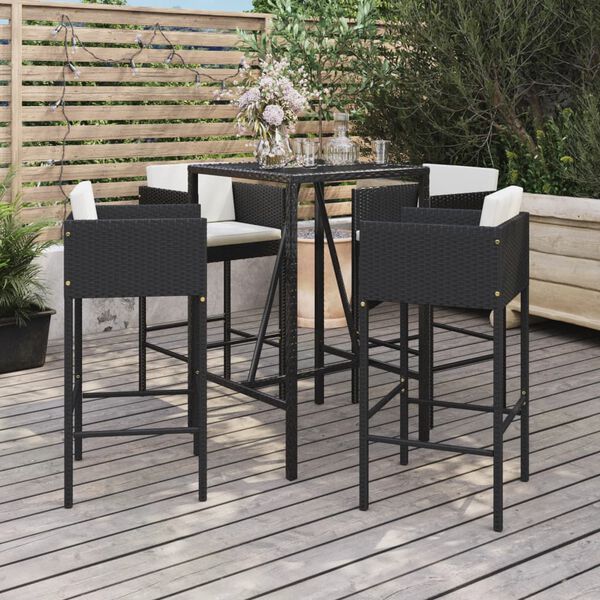 vidaXL 5 Piece Garden Bar Set with Cushions Black Poly Rattan