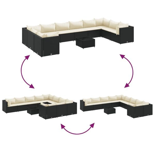 vidaXL 11 Piece Garden Lounge Set with Cushions Black Poly Rattan