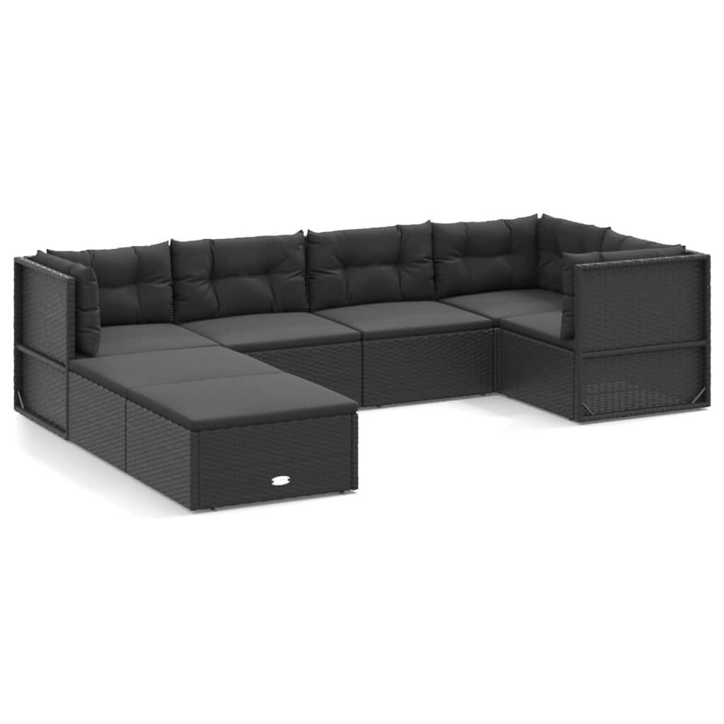 vidaXL 7 Piece Garden Lounge Set with Cushions Black Poly Rattan