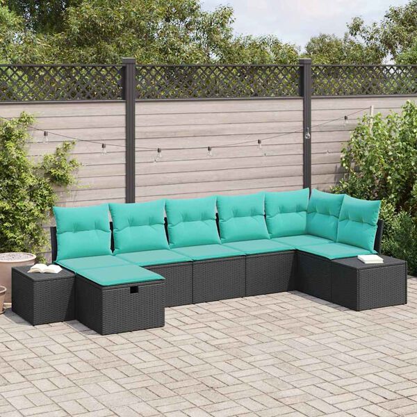 vidaXL Garden Sofa Set with Cushion 7 pcs Black Poly Rattan