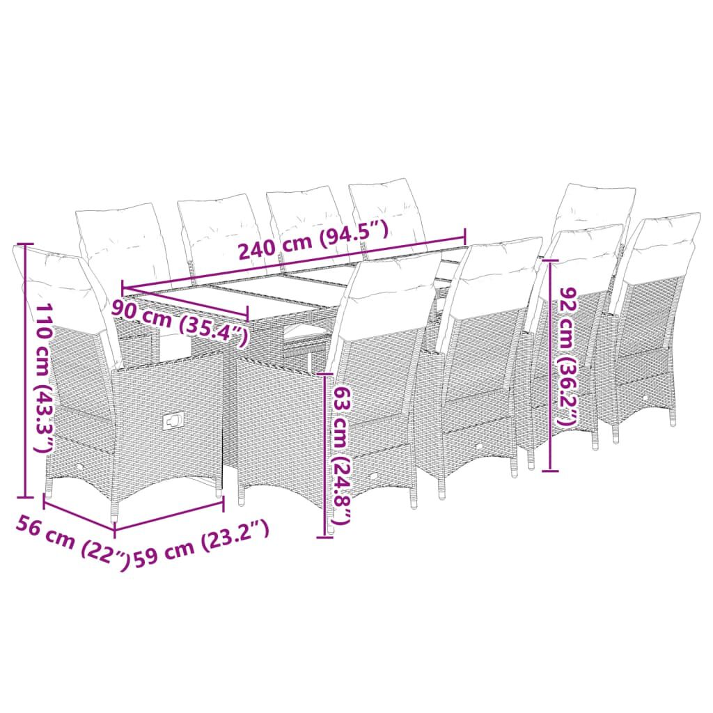 vidaXL 11 Piece Garden Bistro Set with Cushions Brown Poly Rattan