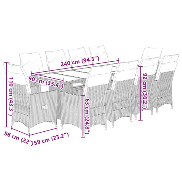 vidaXL 11 Piece Garden Bistro Set with Cushions Brown Poly Rattan