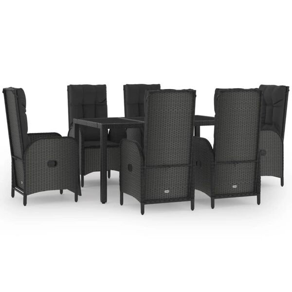 vidaXL 7 Piece Garden Dining Set with Cushions Black Poly Rattan
