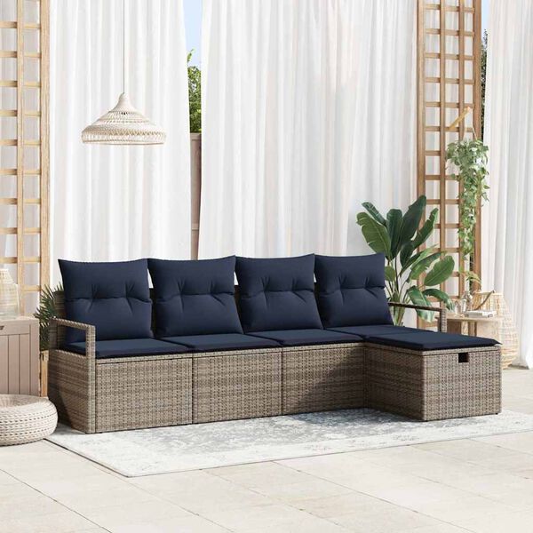 vidaXL Sofa Set with Cushion Manual 5 pcs Grey and Navy Poly Rattan