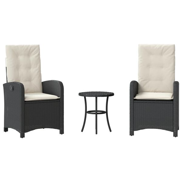 vidaXL 3 Piece Bistro Set with Cushions Black Poly Rattan
