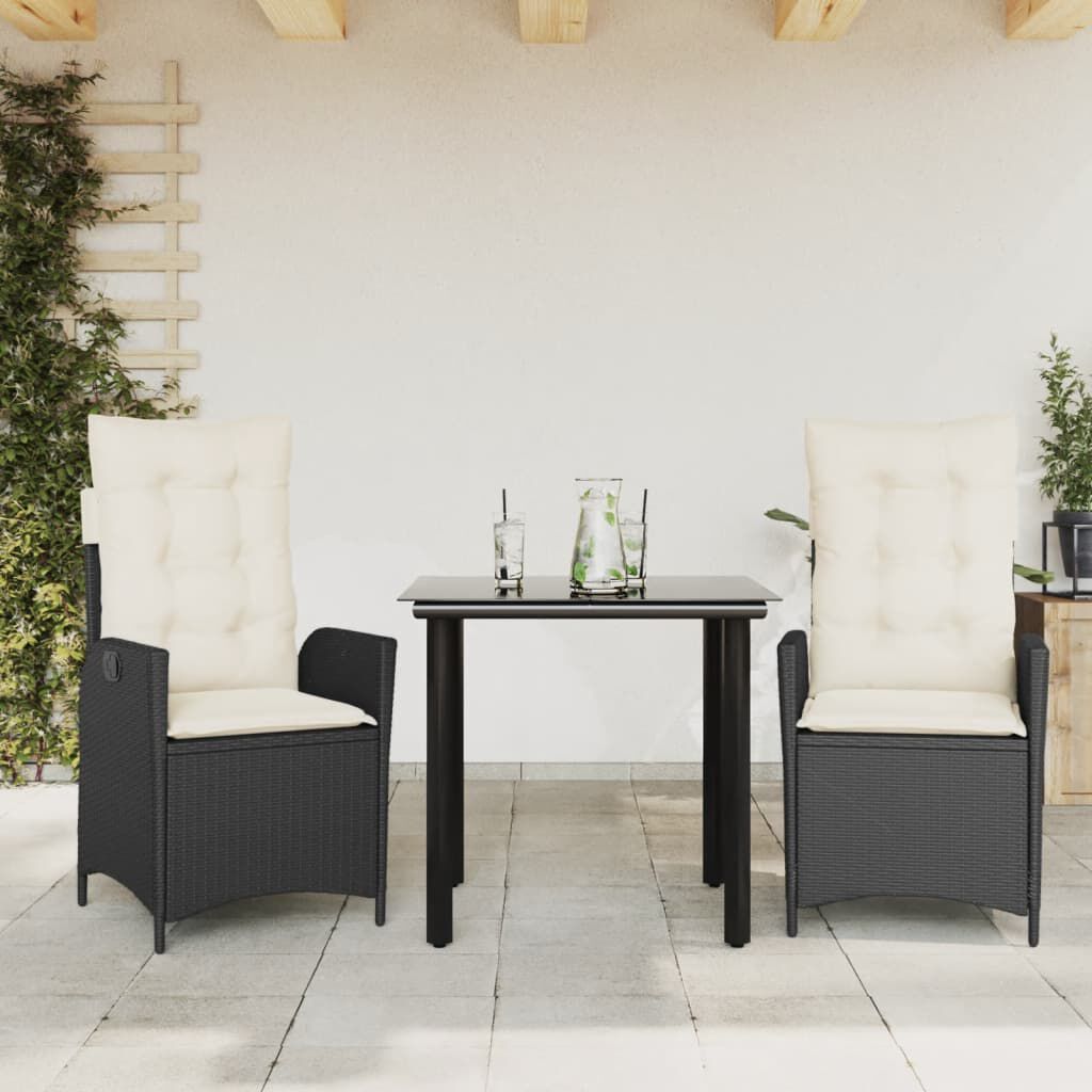 vidaXL 3 Piece Garden Dining Set with Cushions Black Poly Rattan