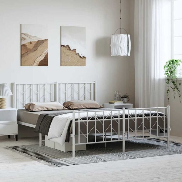 vidaXL Metal Bed Frame without Mattress with Footboard&nbsp;White 193x203cm