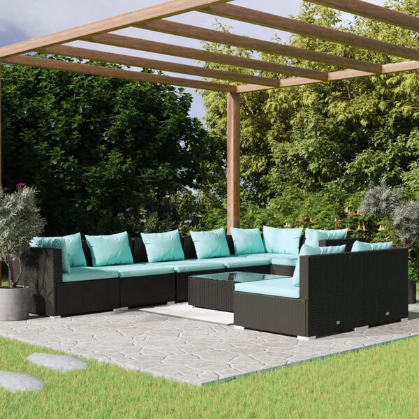vidaXL 9 Piece Garden Lounge Set with Cushions Black Poly Rattan