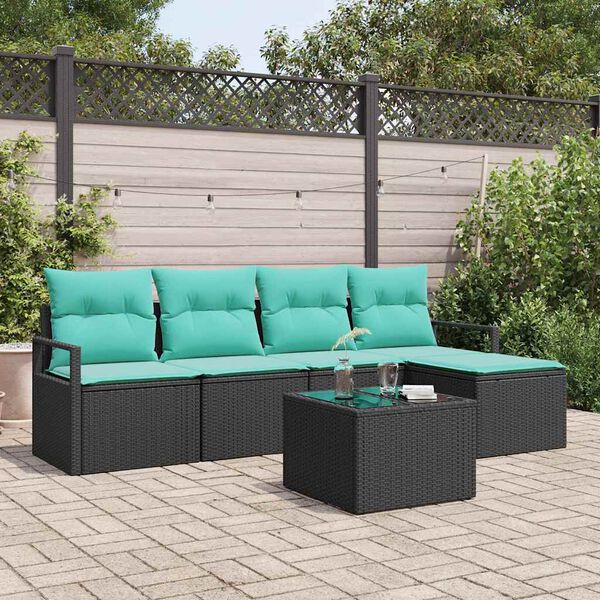 vidaXL Sofa Set with Cushion 6 pcs Black and Turquoise Poly Rattan