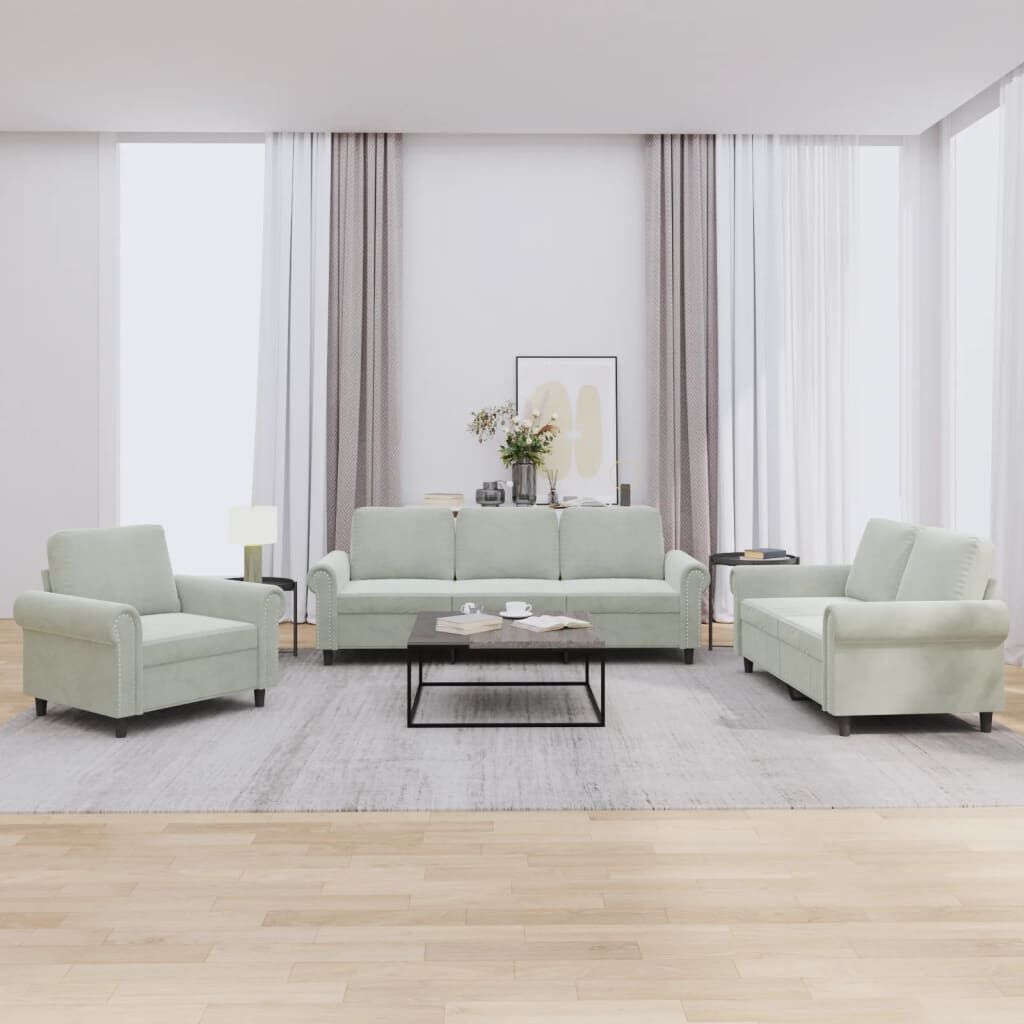 vidaXL 3 Piece Sofa Set with Cushions Light Grey Velvet