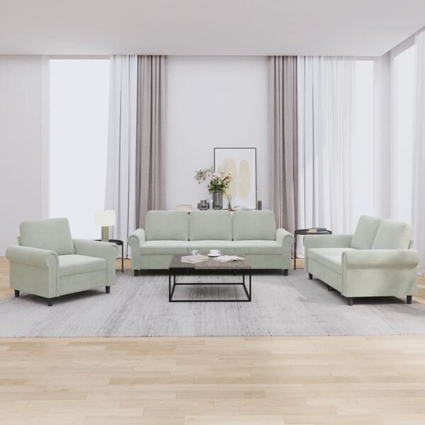 vidaXL 3 Piece Sofa Set with Cushions Light Grey Velvet