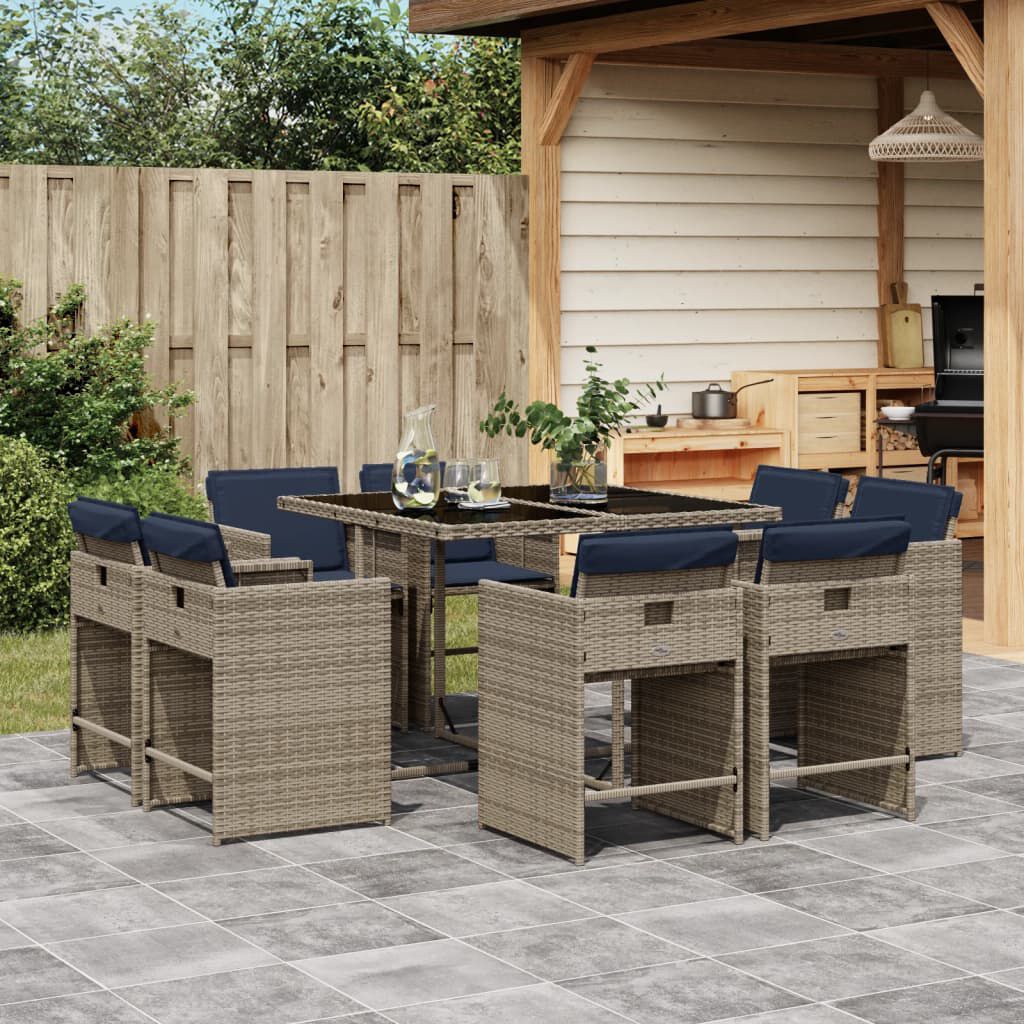 vidaXL 9 Piece Garden Dining Set with Cushions Grey Poly Rattan