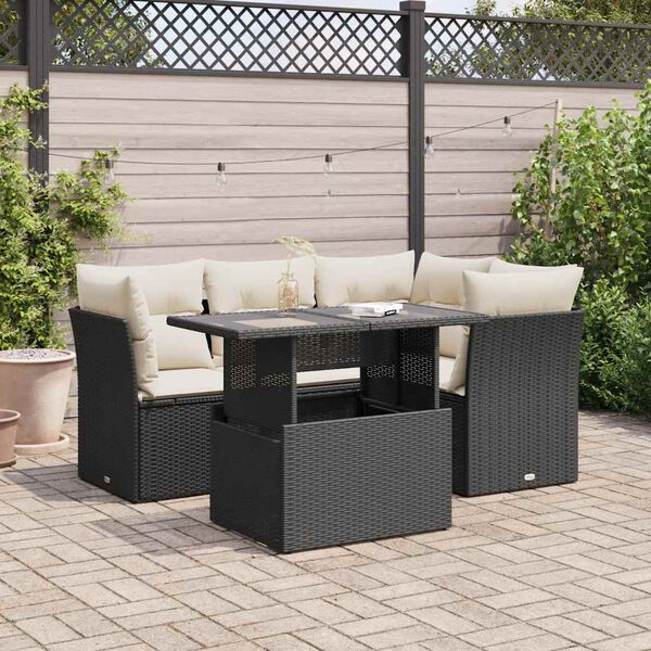 vidaXL 5 Piece Garden Sofa Set with Cushions Black Poly Rattan