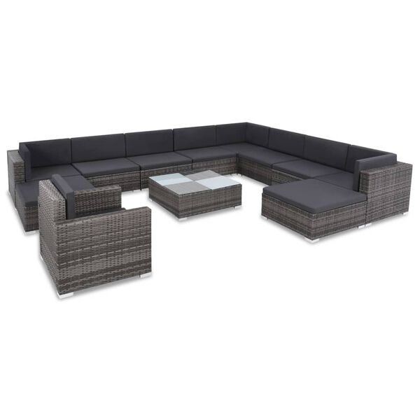 vidaXL 12 Piece Garden Lounge Set with Cushions Poly Rattan Grey