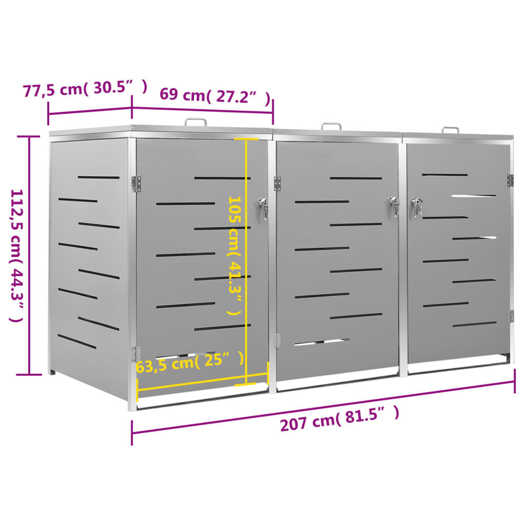 vidaXL Triple Wheelie Bin Shed 207x77.5x112.5 cm Stainless Steel