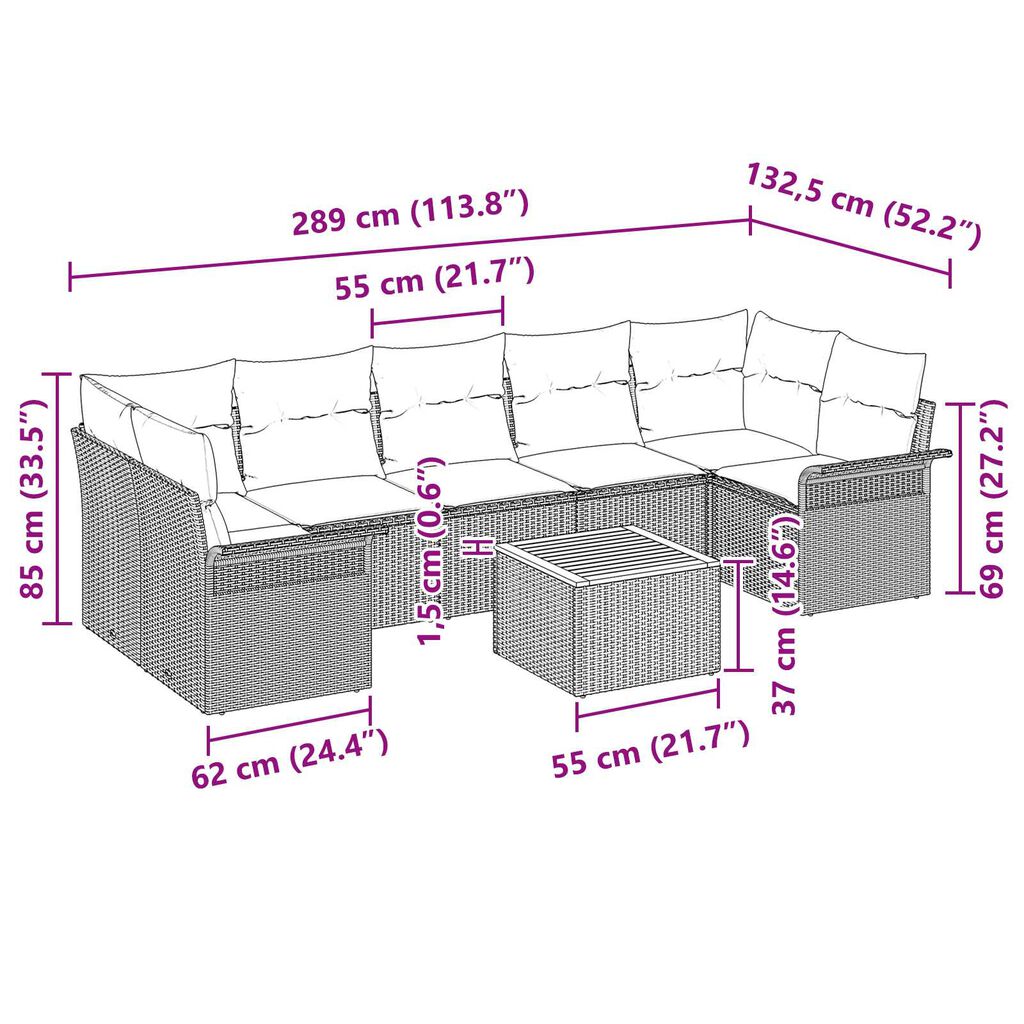 vidaXL 8 Piece Garden Sofa Set with Cushions Black Poly Rattan Acacia