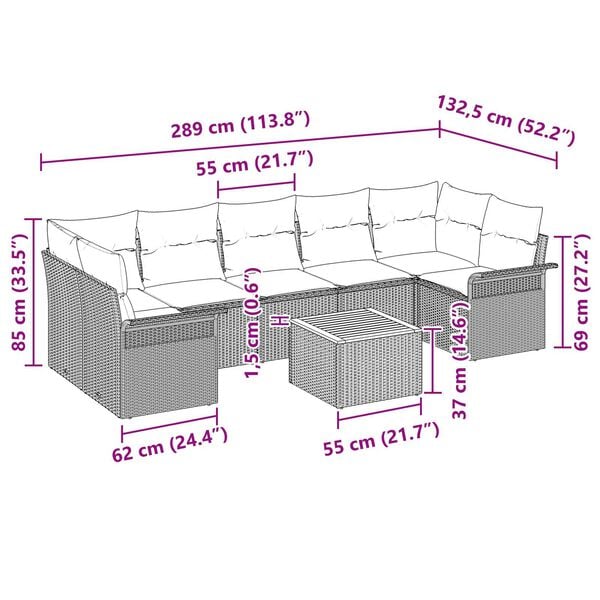 vidaXL 8 Piece Garden Sofa Set with Cushions Black Poly Rattan Acacia