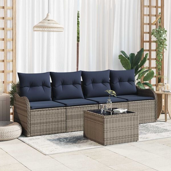 vidaXL 5 Piece Garden Sofa Set with Cushions Grey Poly Rattan