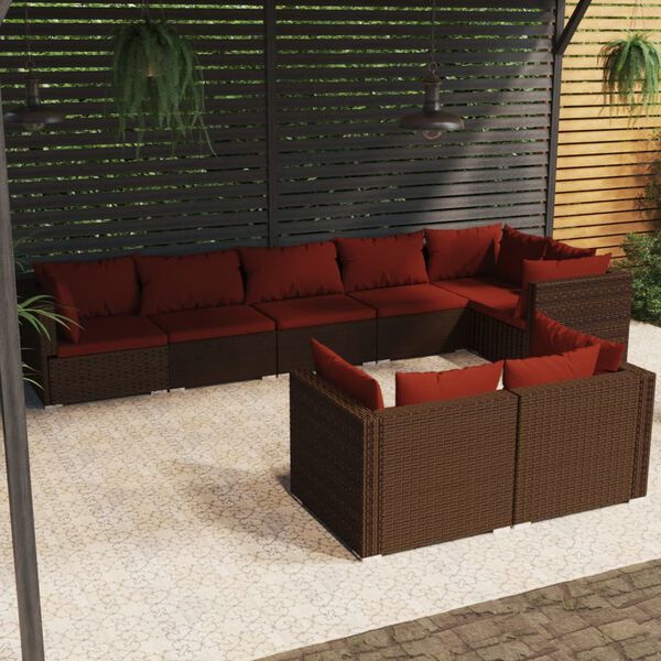 vidaXL 8 Piece Garden Lounge Set with Cushions Brown Poly Rattan