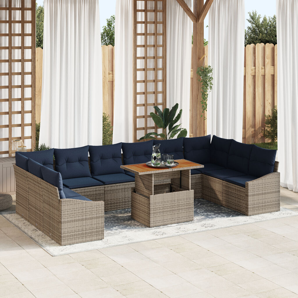 vidaXL 11 Piece Garden Sofa Set with Cushions Grey Poly Rattan Acacia