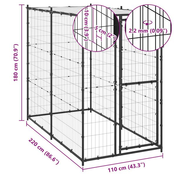 vidaXL Outdoor Dog Kennel Steel with Roof 110x220x180 cm