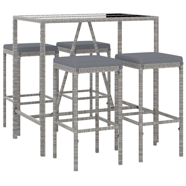 vidaXL 5 Piece Garden Bar Set with Cushions Grey Poly Rattan