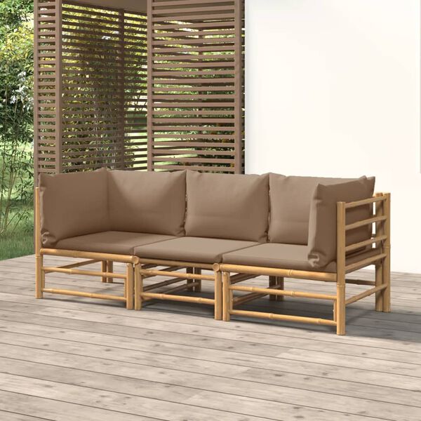 vidaXL 3 Piece Garden Lounge Set with Taupe Cushions Bamboo