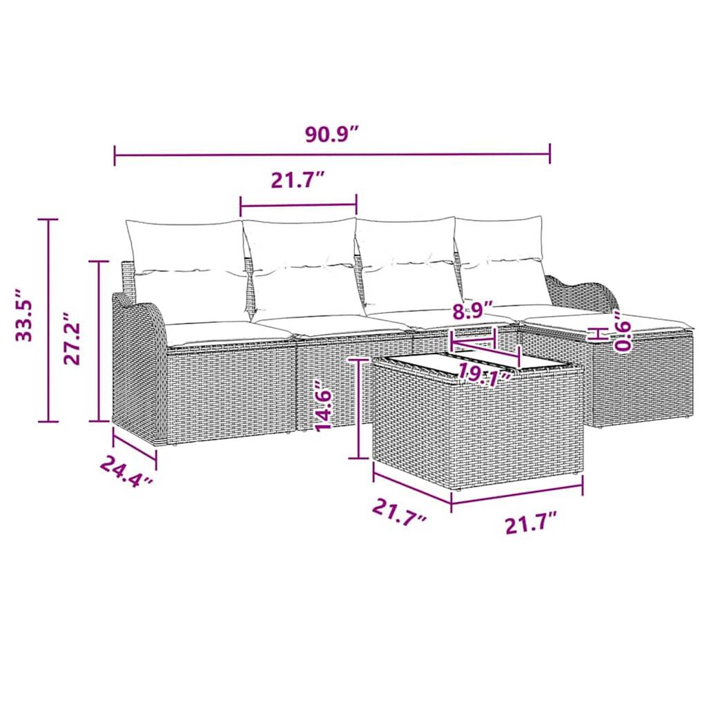 vidaXL Garden Sofa Set with Cushion 6 pcs Grey Poly rattan