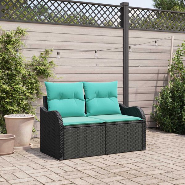 vidaXL 2-Seater Garden Sofa with Cushions in Black Poly Rattan