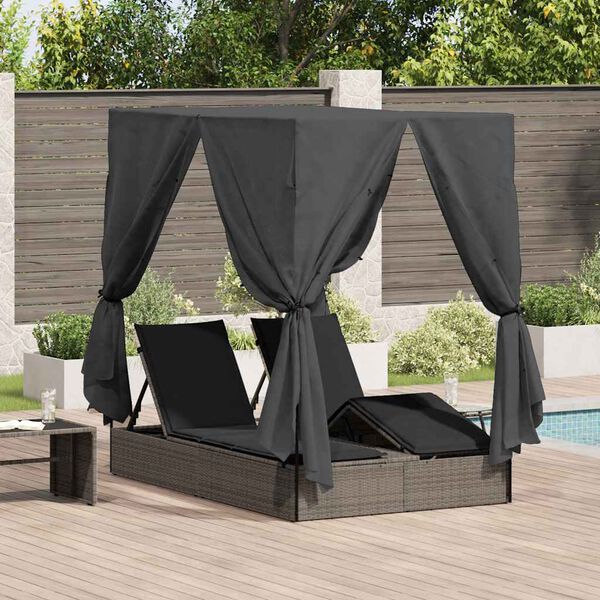 vidaXL Double Sun Lounger with Roof Grey 205 x 129 x 200 cm PE rattan