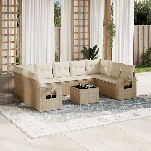 vidaXL 10 Piece Garden Sofa Set with Cushions Beige Poly Rattan