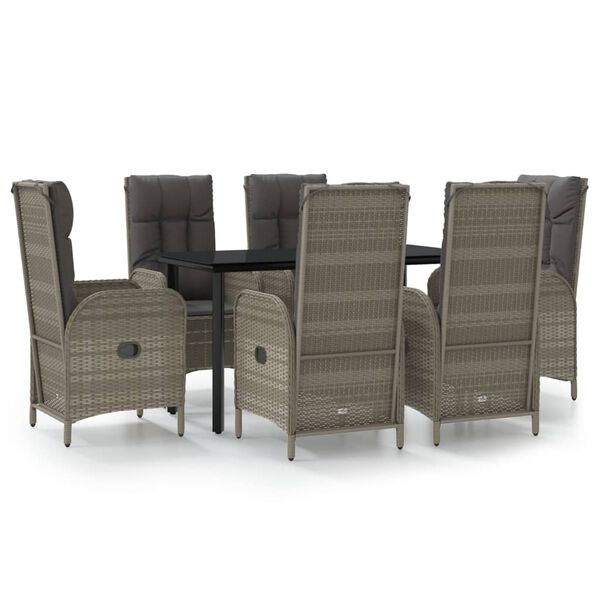 vidaXL 7 Piece Garden Dining Set with Cushions Black and Grey Poly Rattan
