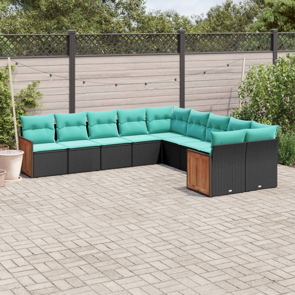 vidaXL 10 Piece Garden Sofa Set with Cushions Black Poly Rattan