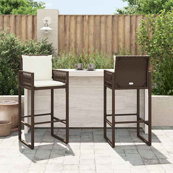 vidaXL Garden Bar Stools with Cushions 2 pcs Brown Poly Rattan