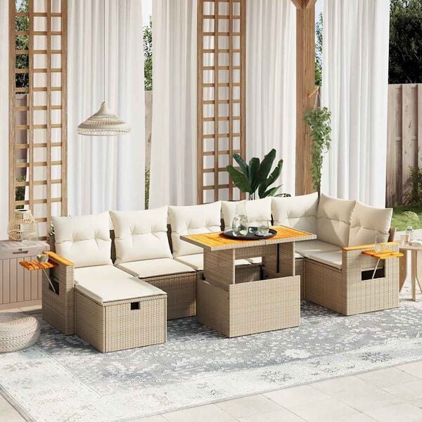vidaXL 8 Piece Garden Sofa Set with Cushions Beige Poly Rattan