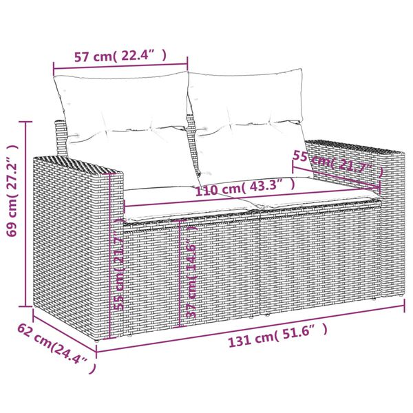 vidaXL Garden Sofa with Cushions 2-Seater Grey Poly Rattan