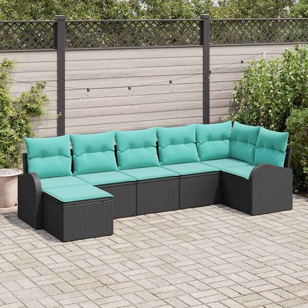vidaXL Sofa Set with Cushion 7 pcs Black and Turquoise Poly Rattan