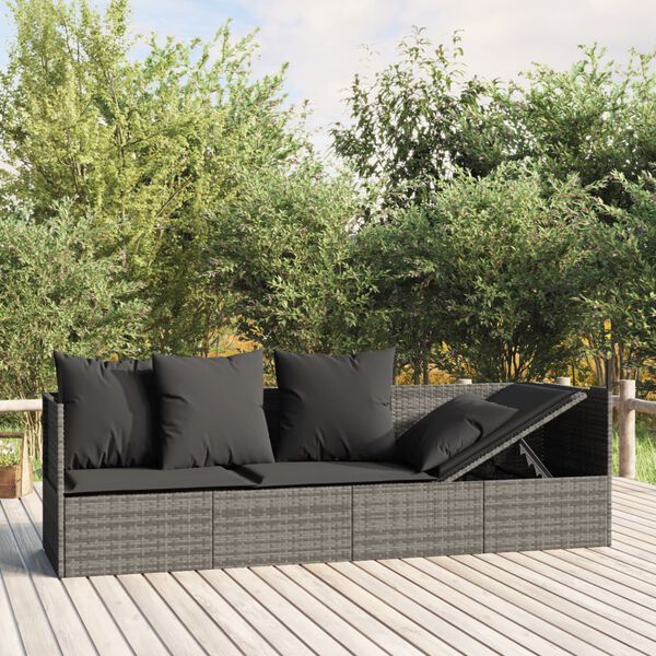 vidaXL Outdoor Lounge Bed with Cushions Grey Poly Rattan