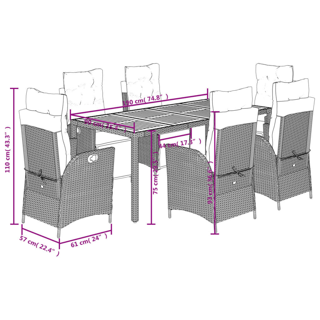 vidaXL 7 Piece Garden Dining Set with Cushions Black Poly Rattan