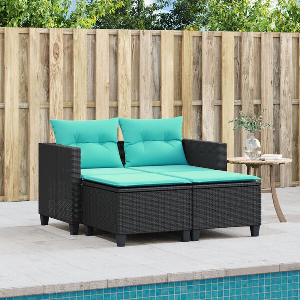 vidaXL Garden Sofa 2-Seater with Stools Black Poly Rattan