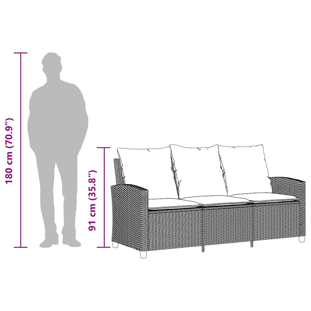 vidaXL Garden Sofa 3-Seater with Cushions&Table Black Poly Rattan