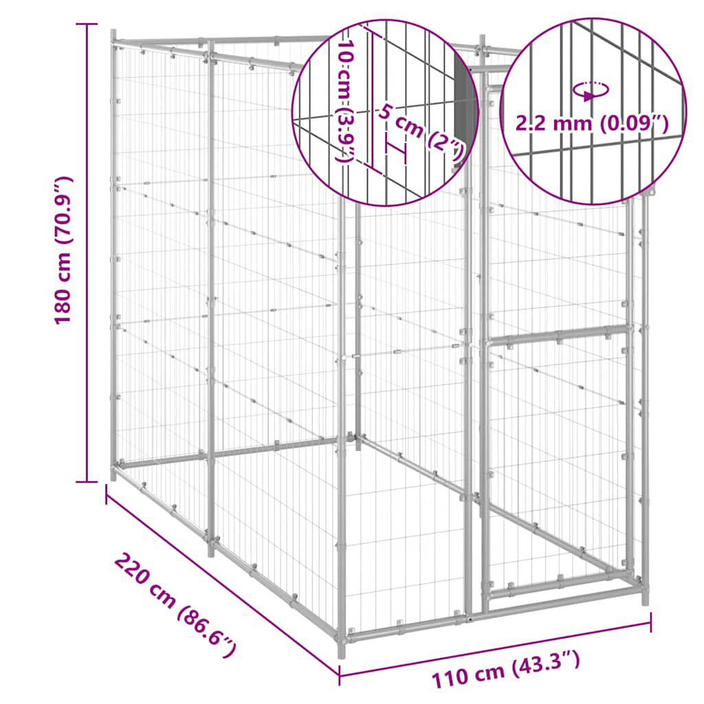 vidaXL Outdoor Dog Kennel Galvanised Steel 110x220x180 cm