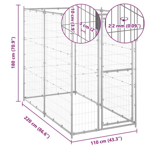 vidaXL Outdoor Dog Kennel Galvanised Steel 110x220x180 cm