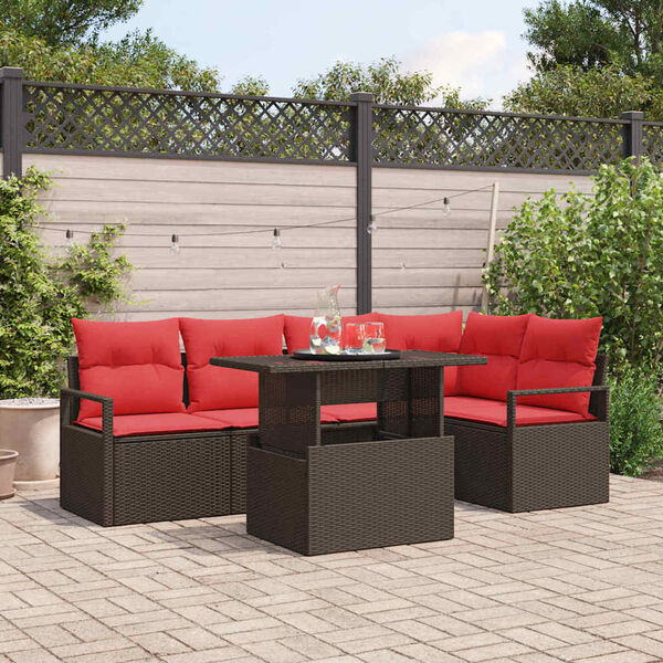 vidaXL Garden Sofa Set with Cushion 6 pcs Brown and Red Poly Rattan